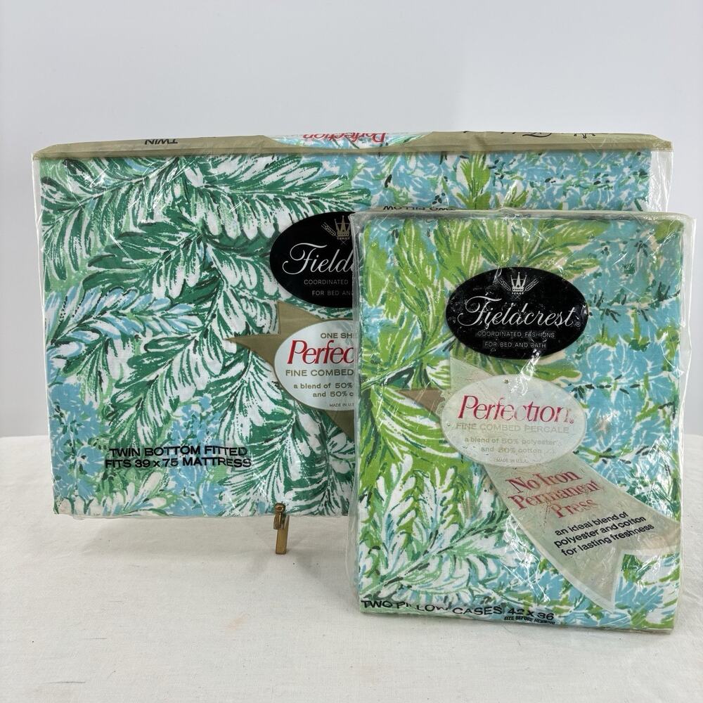 Fieldcrest Nature Walk Twin Fitted Sheet + Pillowcases NOS